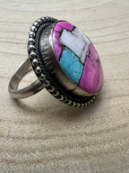 Scott Skeets Navajo Handmade Cotton Candy Adjustable Multi-Stone Ring (Coral + Turquoise)