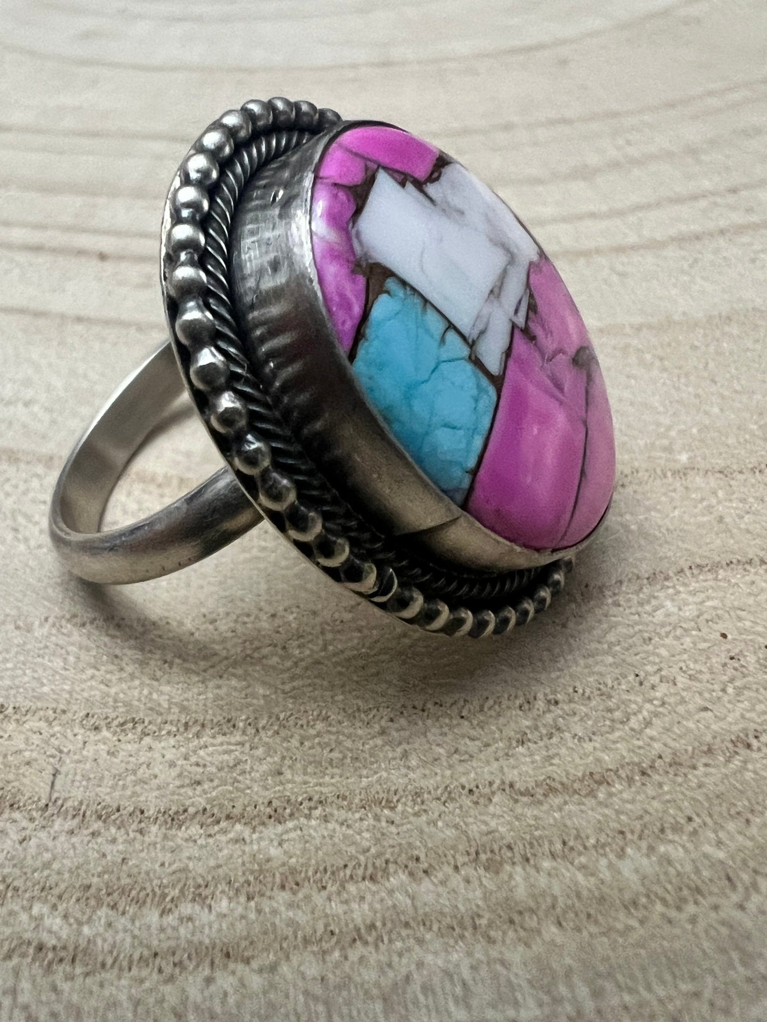 Scott Skeets Navajo Handmade Cotton Candy Adjustable Multi-Stone Ring (Coral + Turquoise)