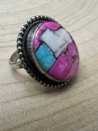 Scott Skeets Navajo Handmade Cotton Candy Adjustable Multi-Stone Ring (Coral + Turquoise)