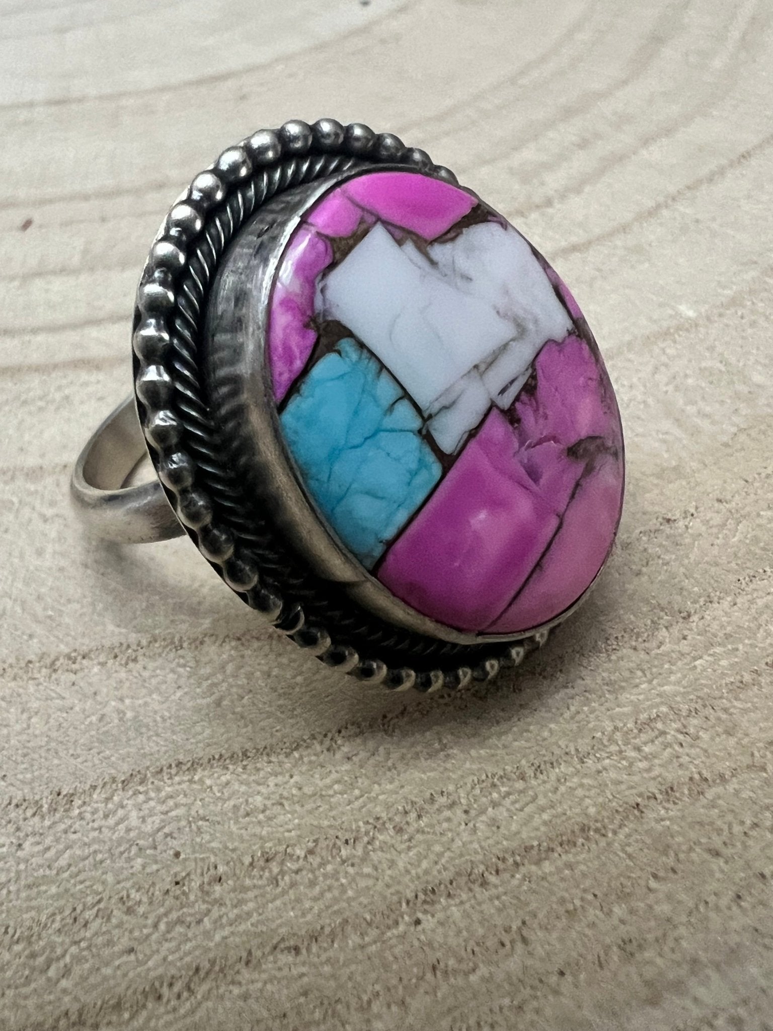 Scott Skeets Navajo Handmade Cotton Candy Adjustable Multi-Stone Ring (Coral + Turquoise)
