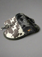 Cow Print Faux Fur Slippers - Black and white