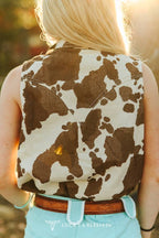 LUCKY & BLESSED Sleeveless Cowhide Print Denim Western Shirt with Pearl Snaps — Brown & Cream Ranch Statement