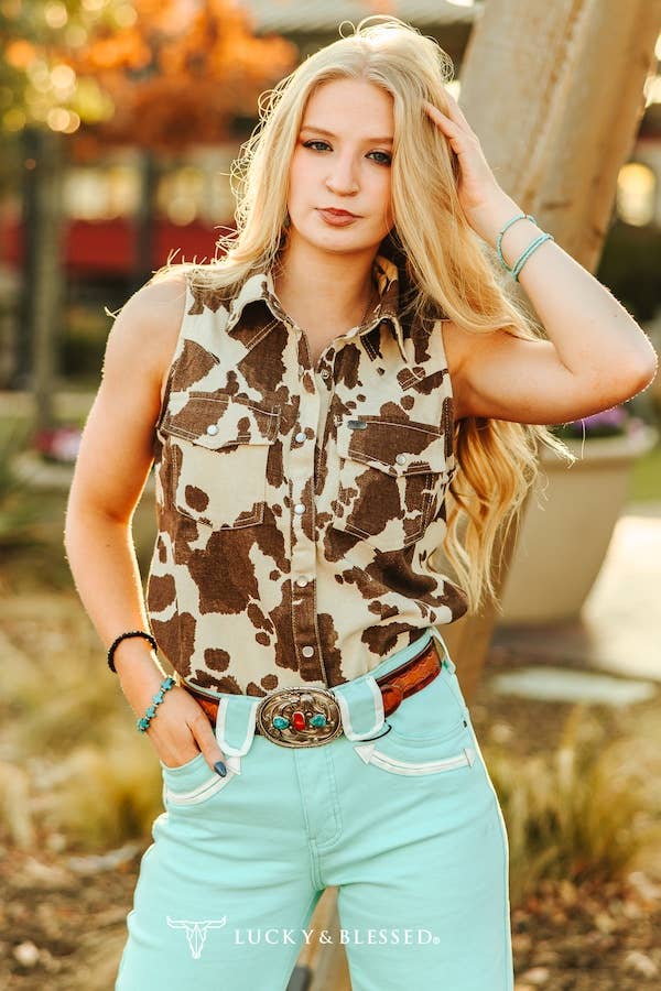 LUCKY & BLESSED Sleeveless Cowhide Print Denim Western Shirt with Pearl Snaps — Brown & Cream Ranch Statement