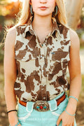 LUCKY & BLESSED Sleeveless Cowhide Print Denim Western Shirt with Pearl Snaps — Brown & Cream Ranch Statement