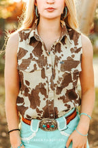 LUCKY & BLESSED Sleeveless Cowhide Print Denim Western Shirt with Pearl Snaps — Brown & Cream Ranch Statement