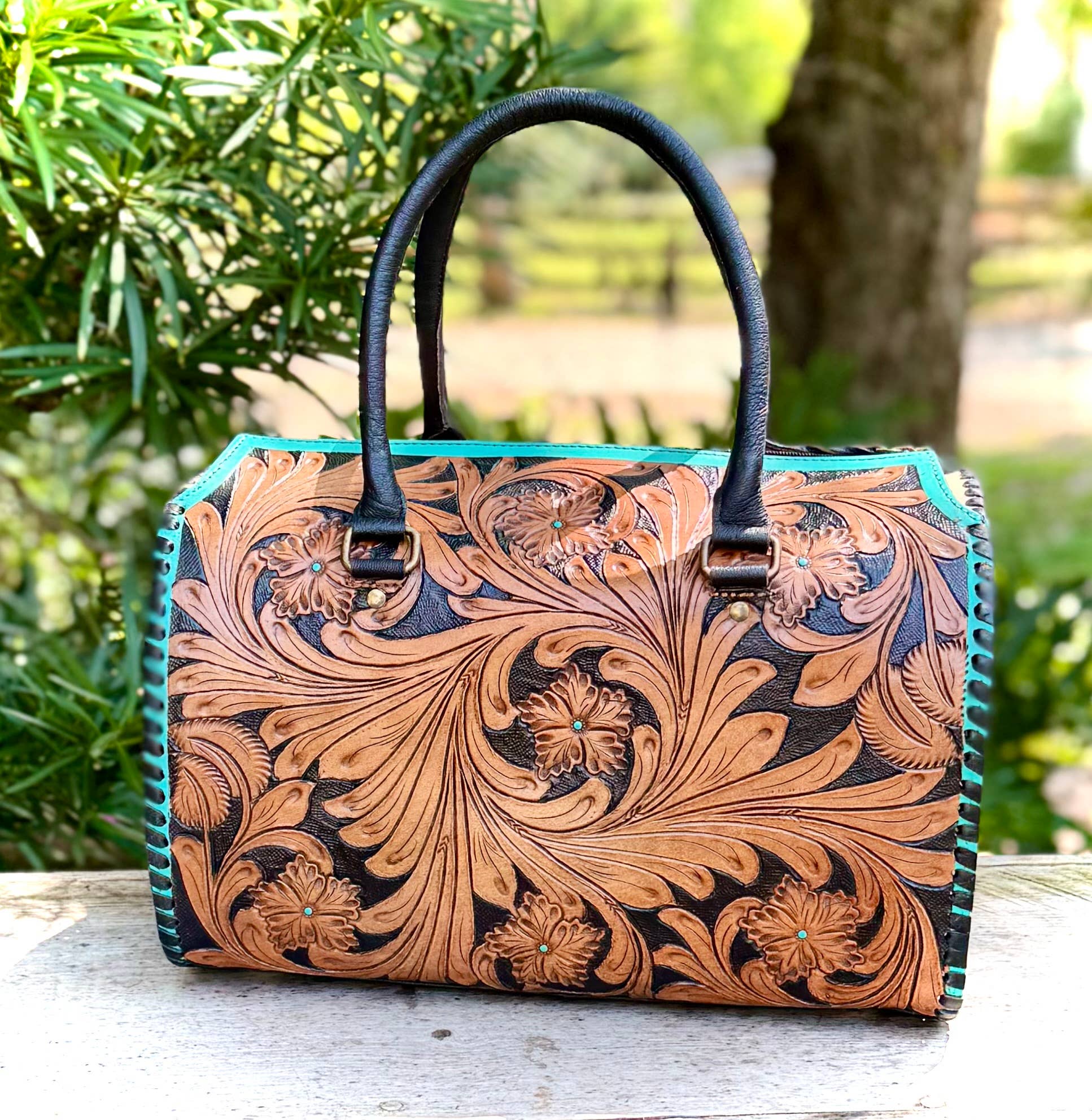 Tooled Leather Turquoise Black Checkered Heart Speedy Bag + Coin Purse
