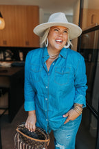 Blakeley "Dakota" Chambray Denim Western Top — Lightweight Breathable with Functional Buttons (Extra small remaining)