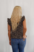 LIME N CHILI Dot Print Sleeveless Button-Down Western Blouse — V-Neckline with Ruffle Trim