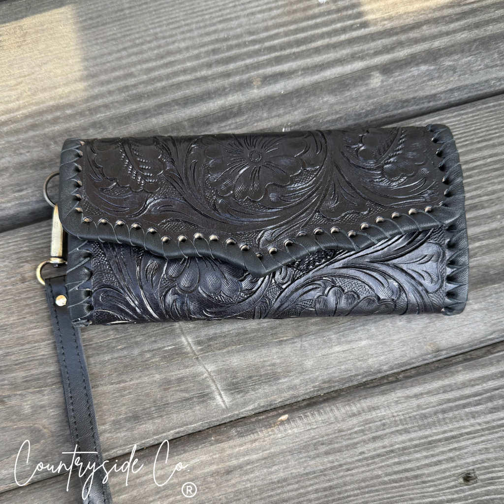 Piper Tooled Leather Wallet Wristlet