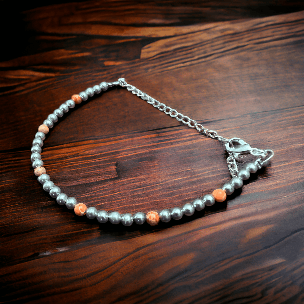 Faux Pearl & Orange Magnesite Western Bracelet — Silver Plated with Extender