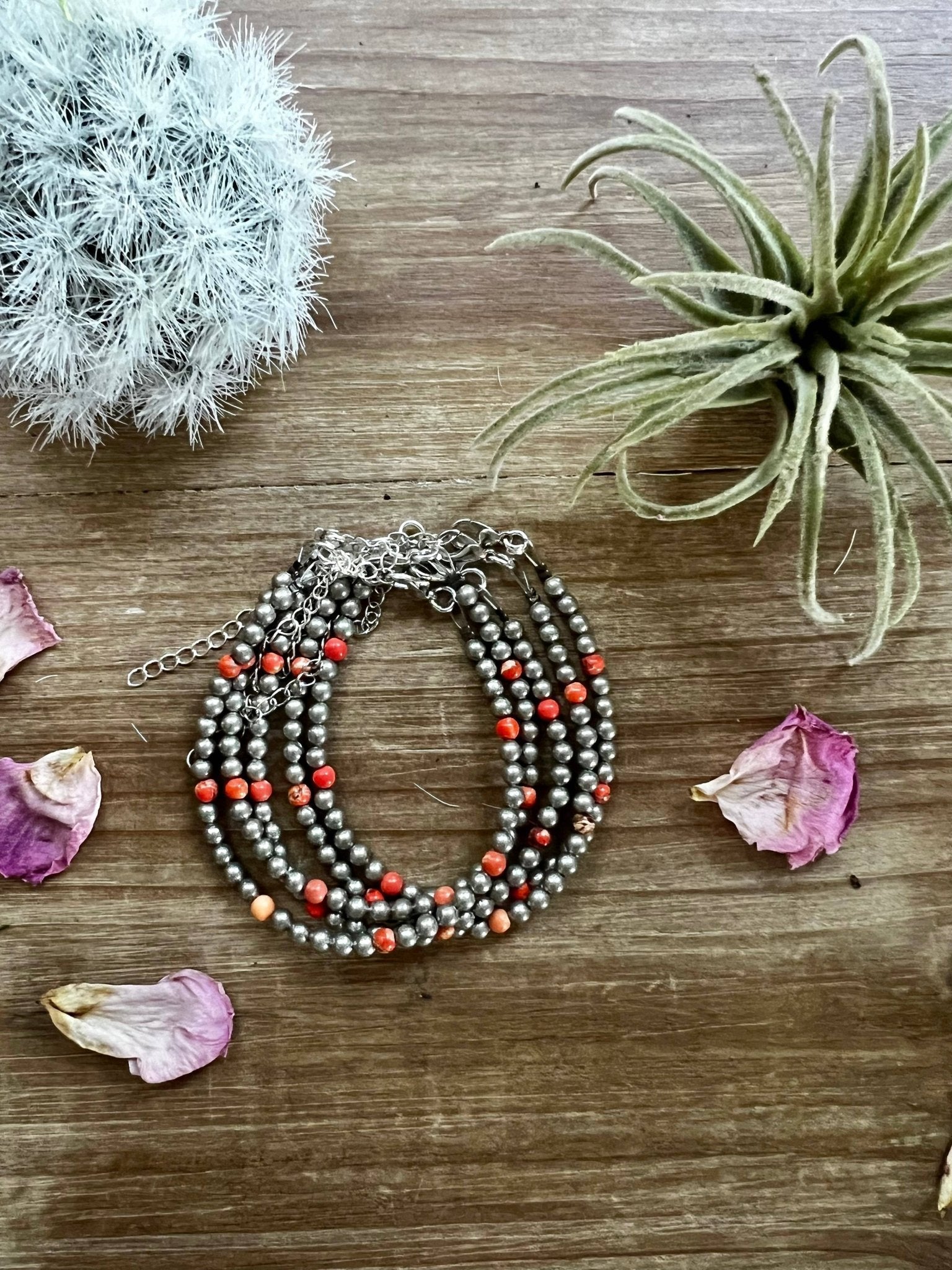 Faux Pearl & Orange Magnesite Western Bracelet — Silver Plated with Extender
