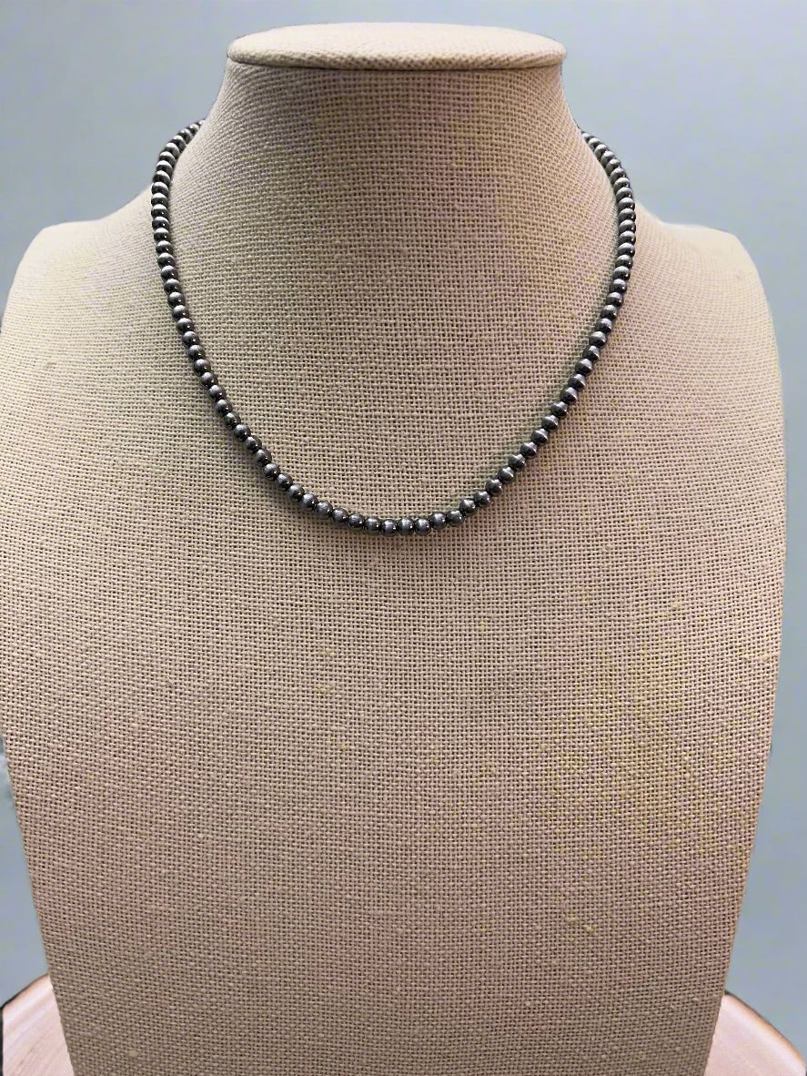 Western Faux Silver Pearl Choker — 4mm Navajo-Style Bead Necklace (12 Inch + Extender)
