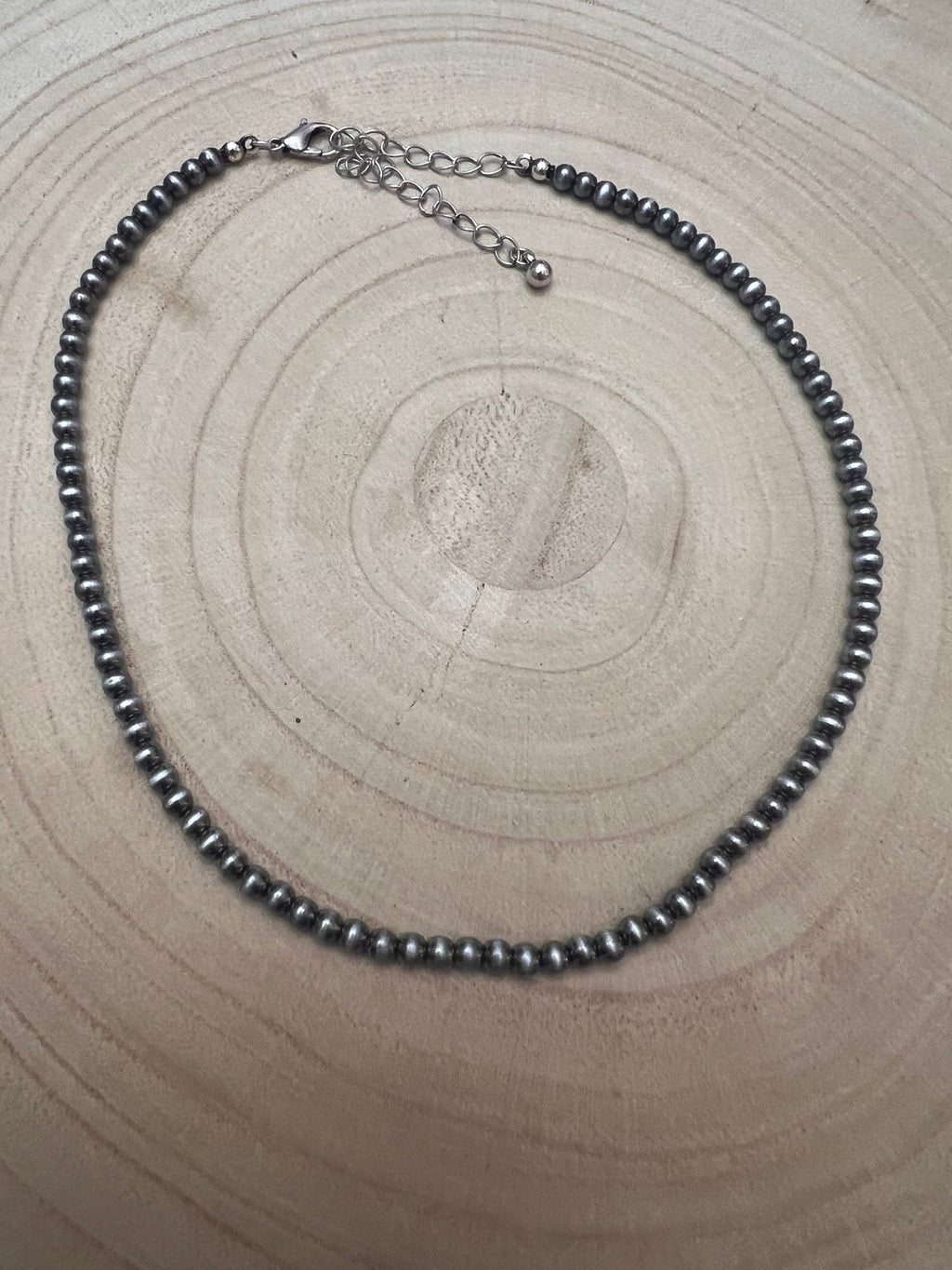 Western Faux Silver Pearl Choker — 4mm Navajo-Style Bead Necklace (12 Inch + Extender)