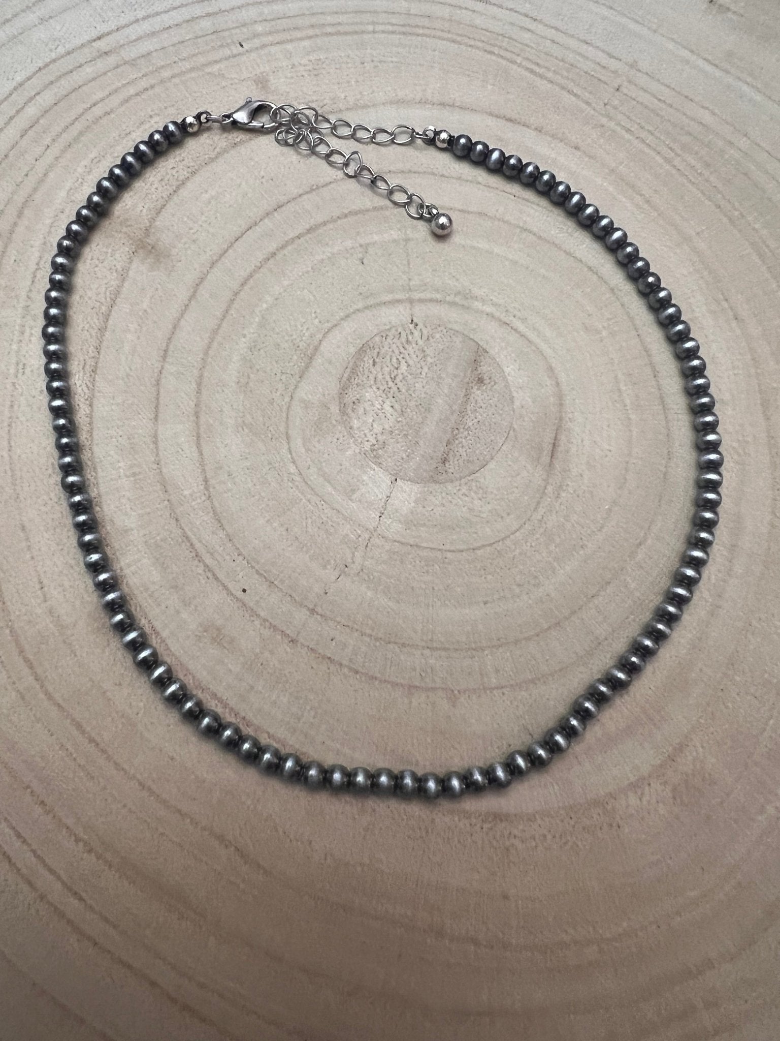 Western Faux Silver Pearl Choker — 4mm Navajo-Style Bead Necklace (12 Inch + Extender)