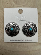 Western Faux Turquoise Concho Post Earrings — Petite 3/4" Drop