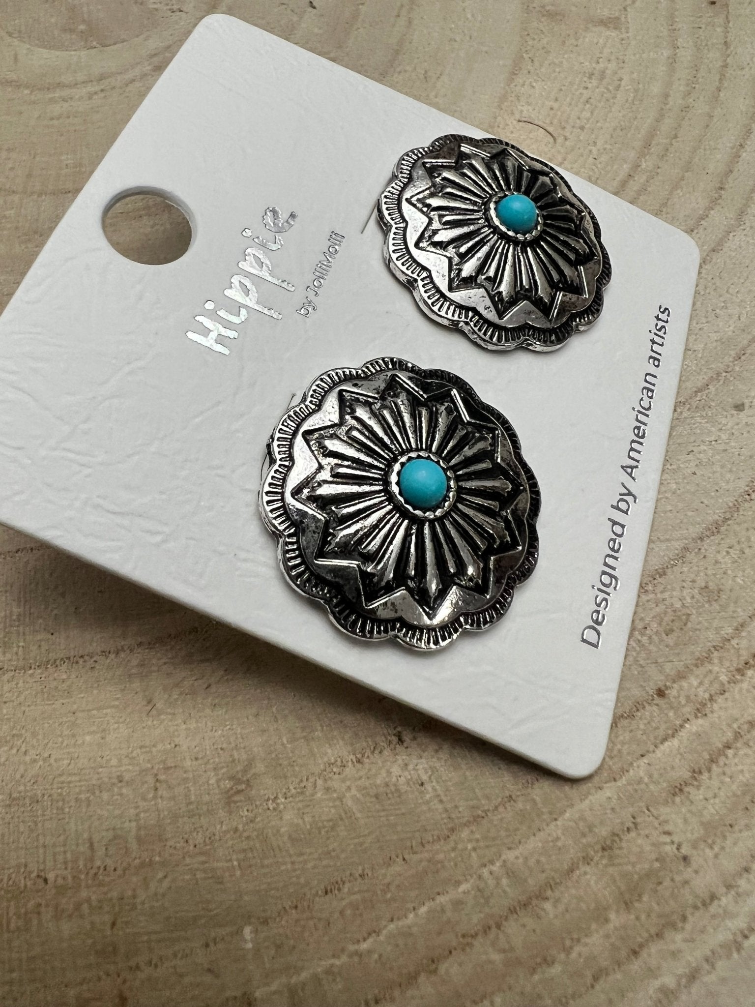 Western Faux Turquoise Concho Post Earrings — Petite 3/4" Drop