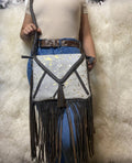 Western Fringe Cowhide Crossbody Bag — 100% Natural Hide with Acid Wash Gold Leather Rope Strap (11")