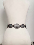 Genuine Distressed Leather Western Concho Belt with Faux Turquoise Stone Buckle