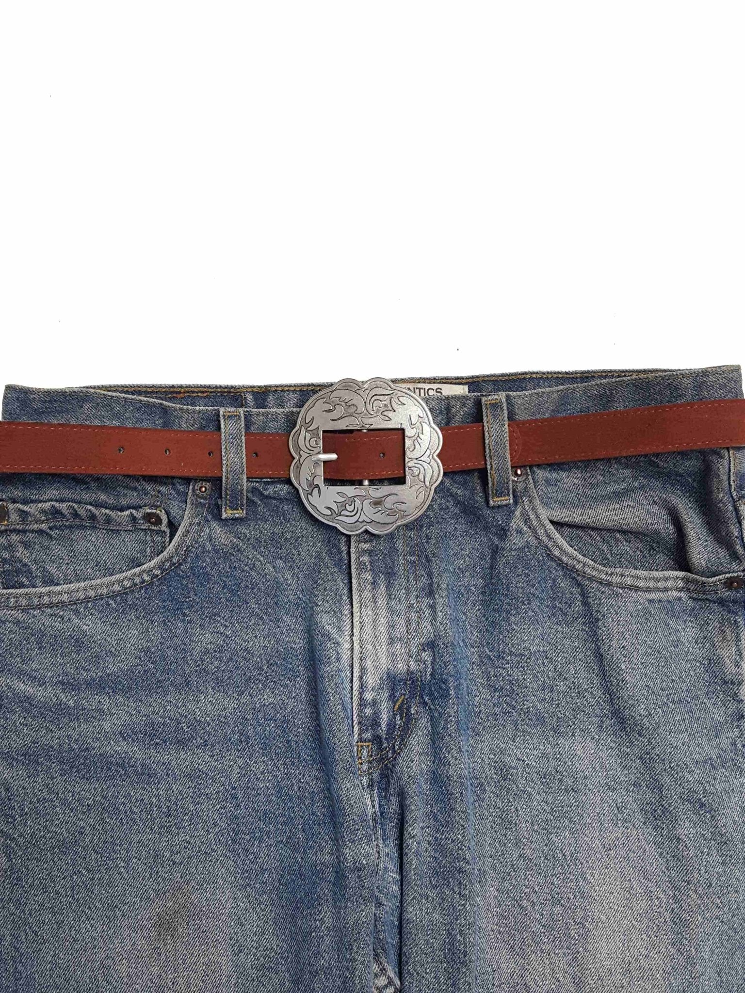 Genuine Suede Leather Western Belt with Floral Buckle — Brown Cowhide Suede