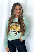 Crazy Consuela "Gold Sequin Horse" Bleached Western Sweatshirt — Bella + Canvas Aqua Sky Background with Cowboy Patch