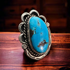 Large Blue Turquoise Cabochon Sterling Silver Statement Ring — Size 7 (1" Wide × 1 1/4" Long)