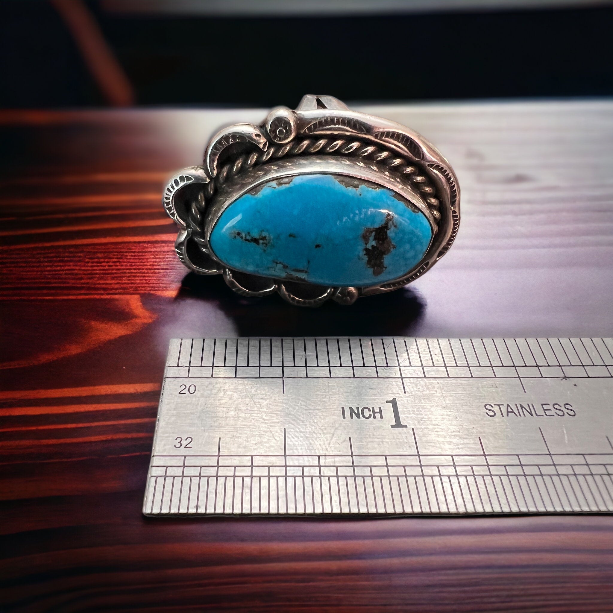 Large Blue Turquoise Cabochon Sterling Silver Statement Ring — Size 7 (1" Wide × 1 1/4" Long)