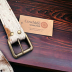 Hair-on-Hide Tan Brindle Leather Belt — Antique Buckle, Large/XL rjemains