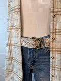 Hair-on-Hide Tan Brindle Leather Belt — Antique Buckle, Large/XL rjemains