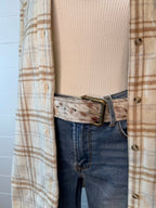 Hair-on-Hide Tan Brindle Leather Belt — Antique Buckle, Large/XL rjemains