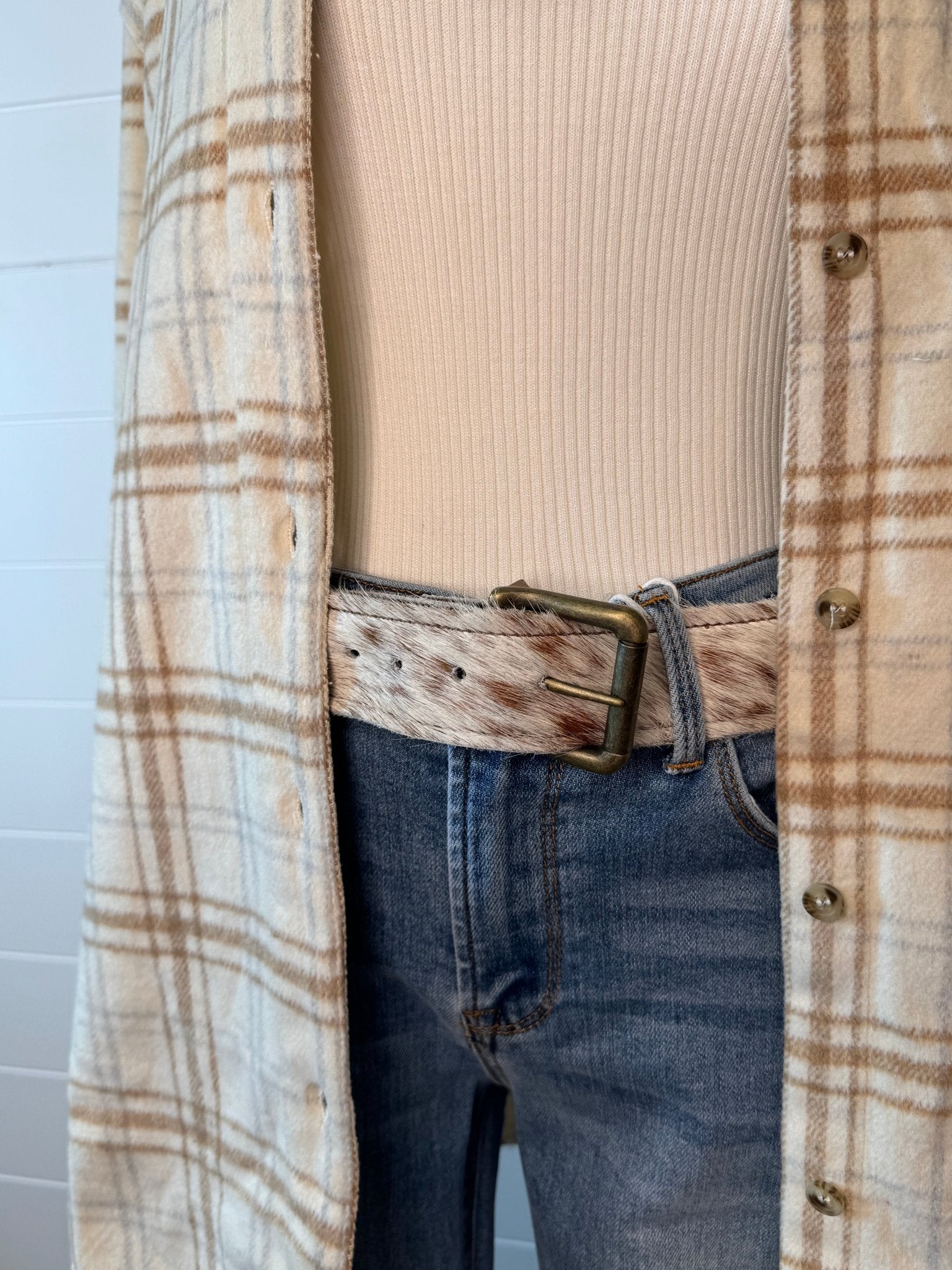 Hair-on-Hide Tan Brindle Leather Belt — Antique Buckle, Large/XL rjemains