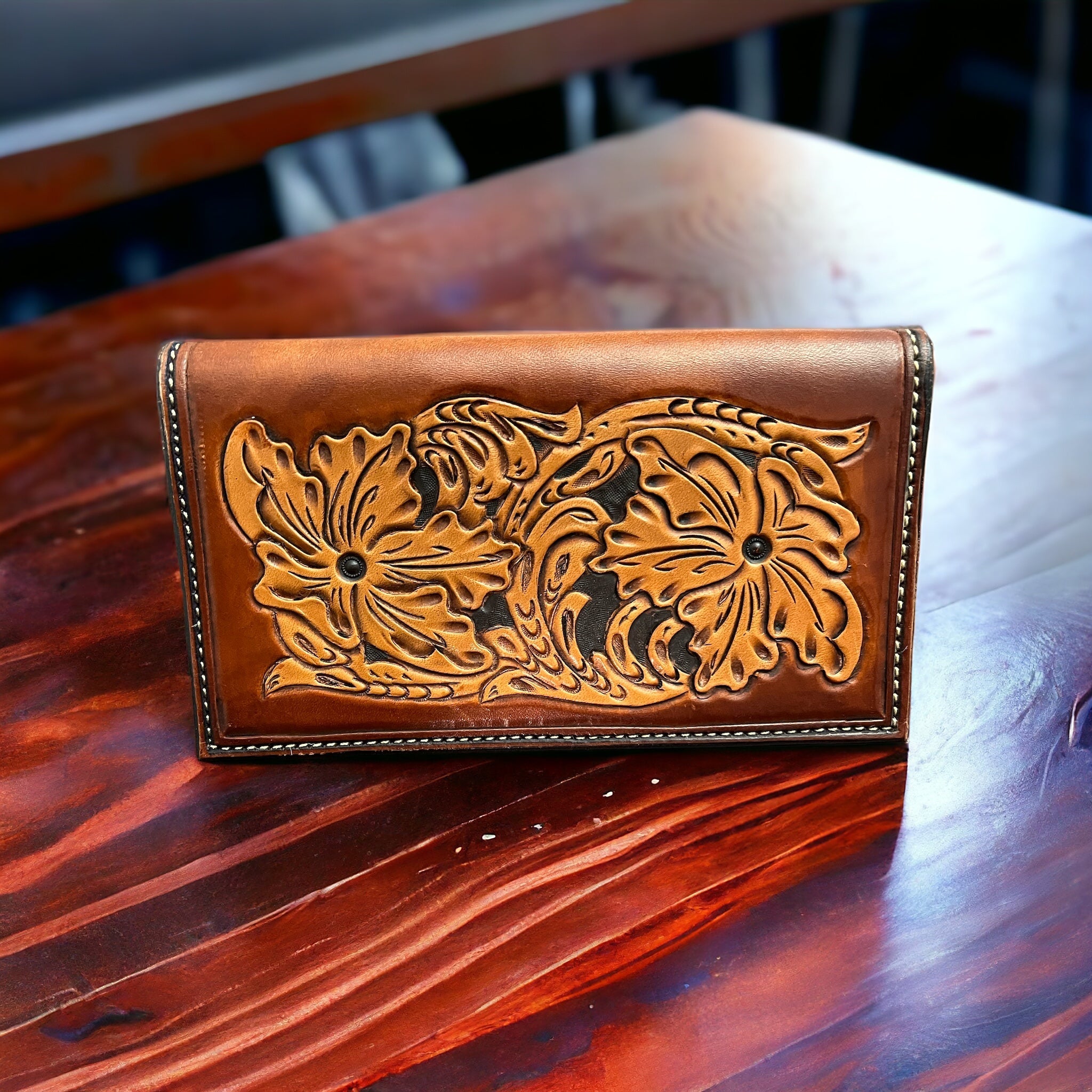 Western Hand-Tooled Genuine Leather Check Book Cover — JK Custom Leather Western Statement