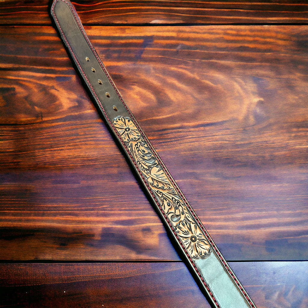 Hand-Tooled Western Leather Belt — Floral Design (32–36 Waist)