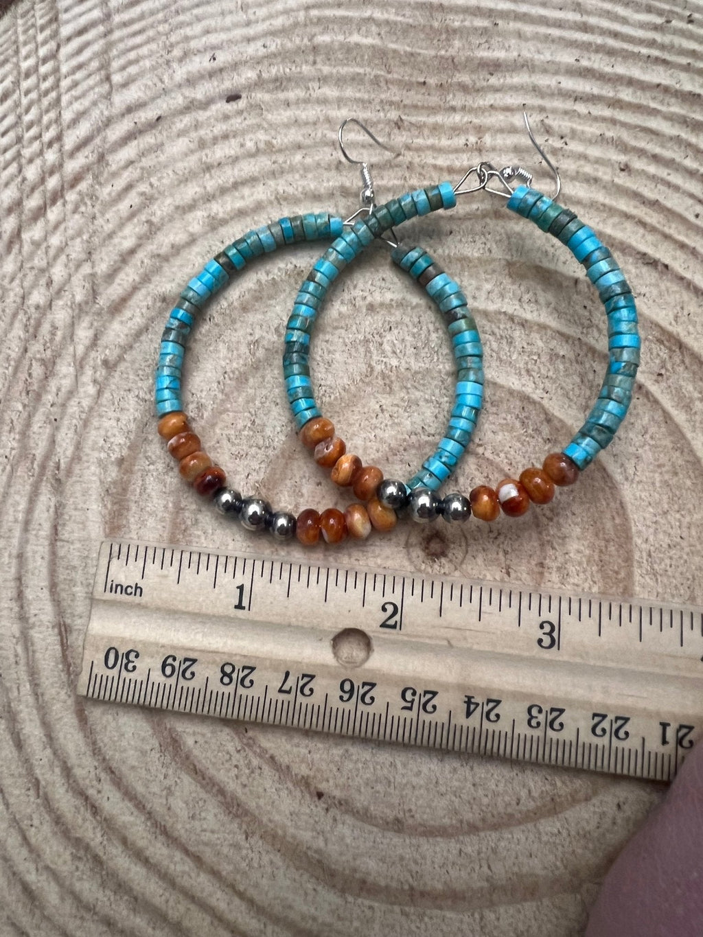 Variscite Turquoise & Spiny Oyster 2.25” Statement Hoop Earrings with Sterling Pearl
