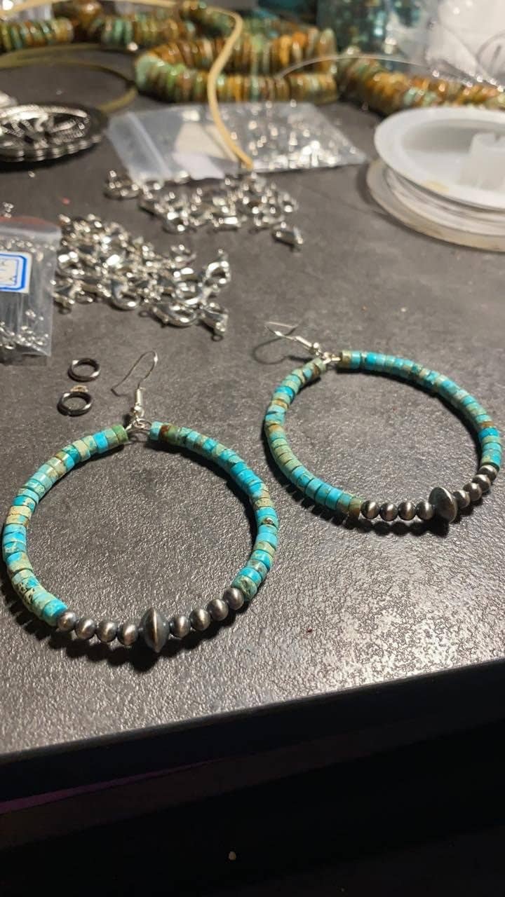 Variscite Turquoise Hoop Earrings with Sterling Pearl & Saucer