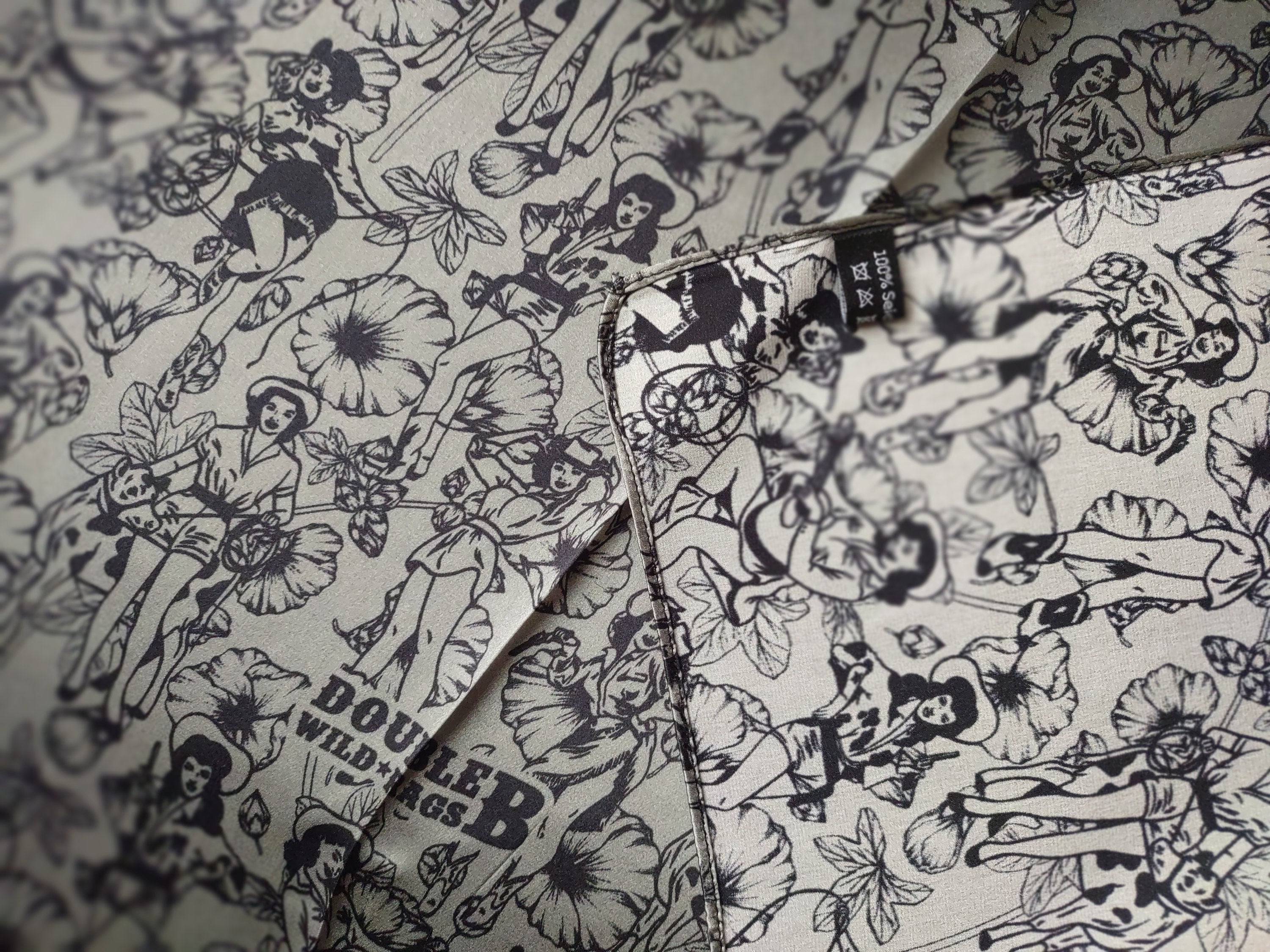 Wild Rag 100% SILK Dark Grey Pin Up Cowgirls and Hollyhock flowers Cowboy Western Neck Scarf Bandanna by Double B Wild Rags