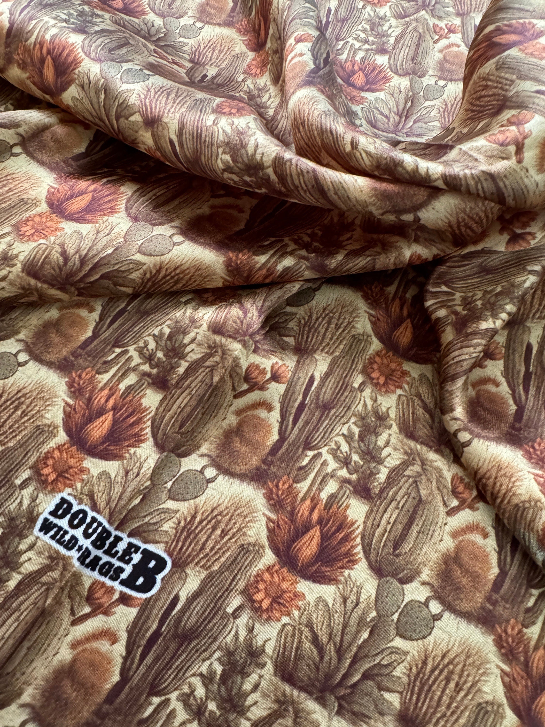 100% Silk Wild Rag Cactus Neutral tones of beige, green, rust by Double B Wild Rags
