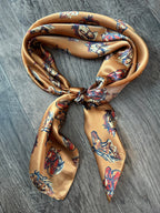 100% Silk Wild Rag “cow ponies” horse head pattern by Double B Wild Rags dark gold, rust, ivory, black