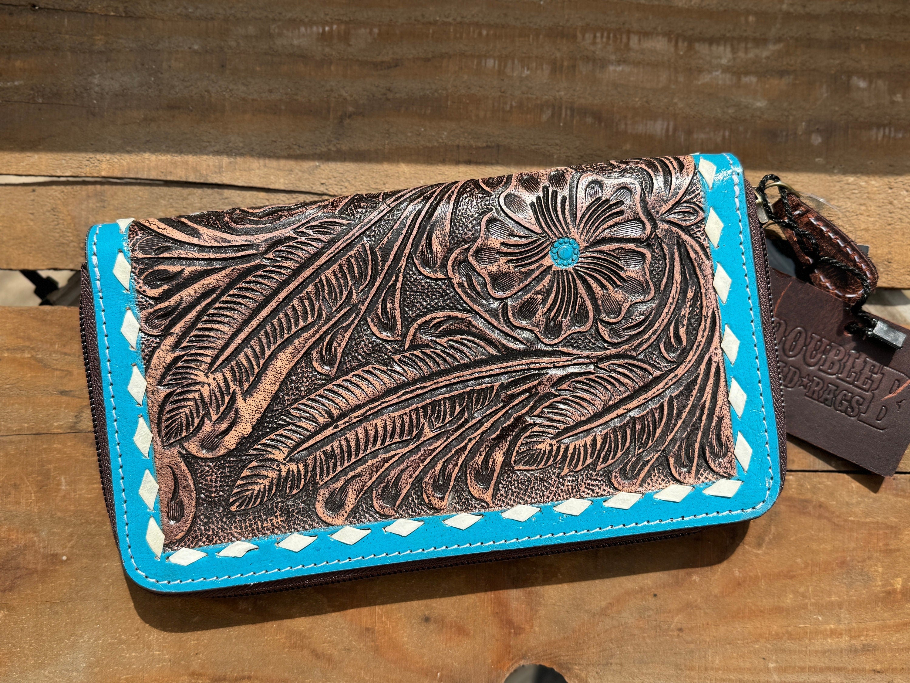 Western wallet zipper closure tooled floral leather turquoise details by Double B Wild Rags