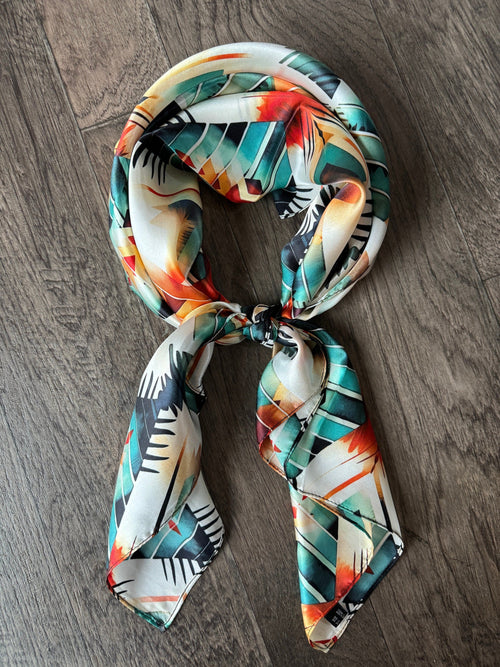 100% Silk Wild Rag Aztec Native Orange Teal and White by Double B Wild Rags