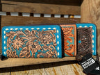 Western wallet zipper closure tooled floral leather turquoise details by Double B Wild Rags