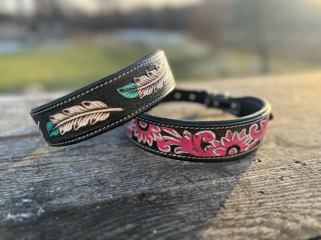 Western leather dog collar tooled Turquoise Feather or Pink Floral details by Double B Wild Rags