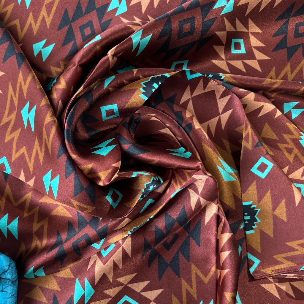 100% Silk Wild Rag Chestnut and Turquoise Aztec Native tribal inspired neck scarf by Double B Wild Rags