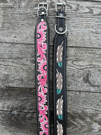 Western leather dog collar tooled Turquoise Feather or Pink Floral details by Double B Wild Rags