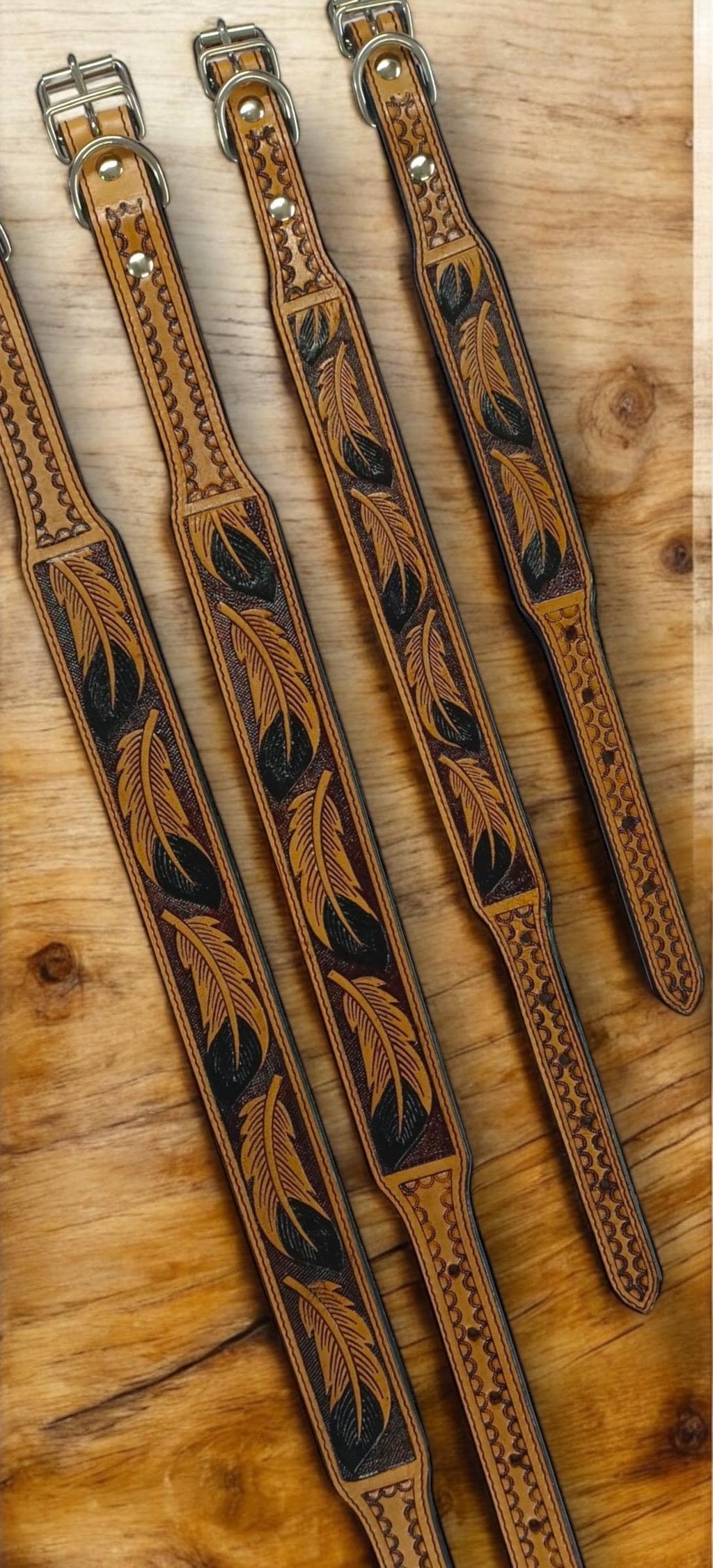 Western Genuine Leather dog collar tooled details aces cards sunflower feather rhinestone cactus floral by Double B Wild Rags