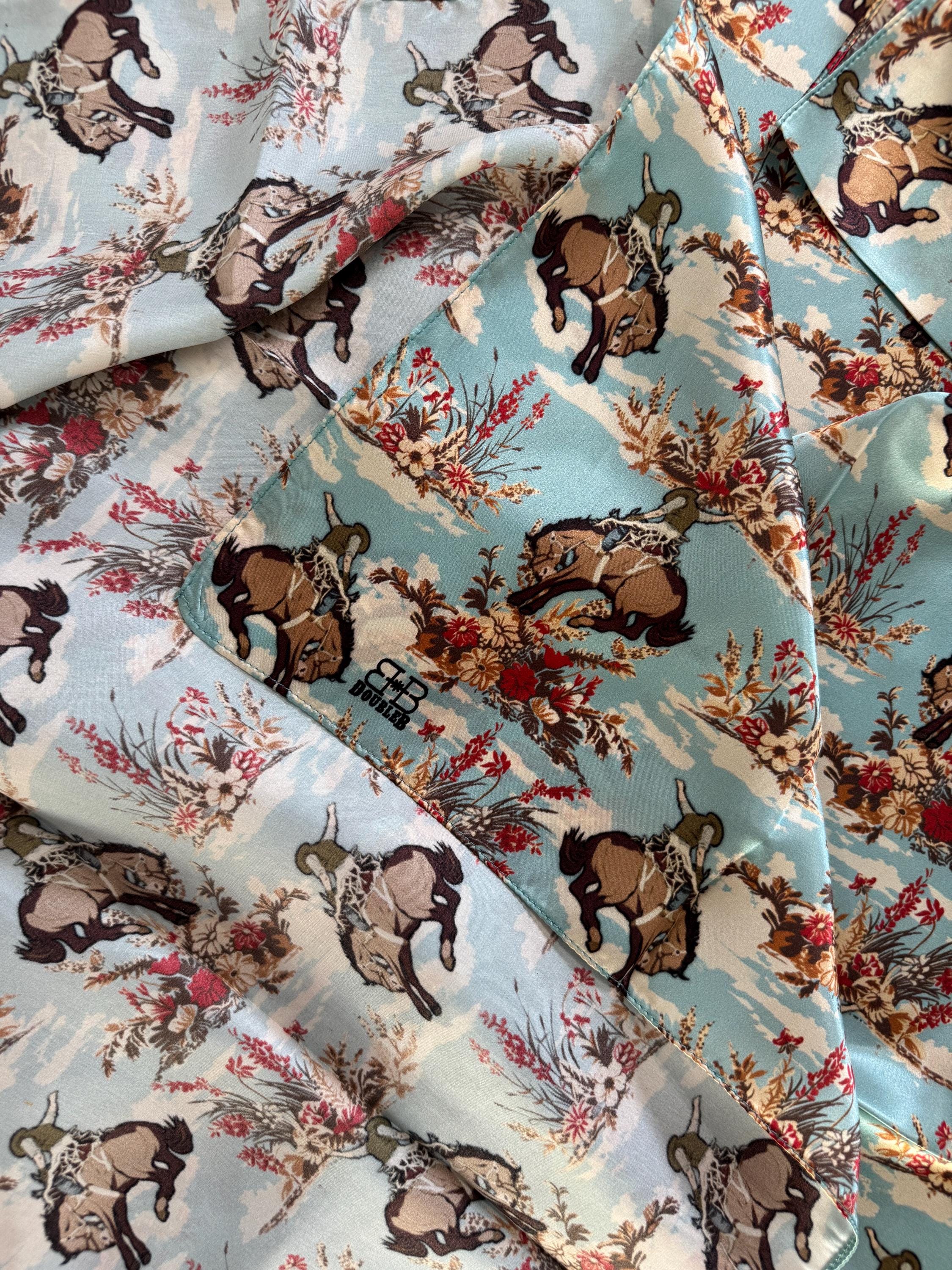 100% Silk Wild Rag Dusty Blue Cowboys and Floral by Double B Wild Rags