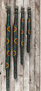 Western Genuine Leather dog collar tooled details aces cards sunflower feather rhinestone cactus floral by Double B Wild Rags