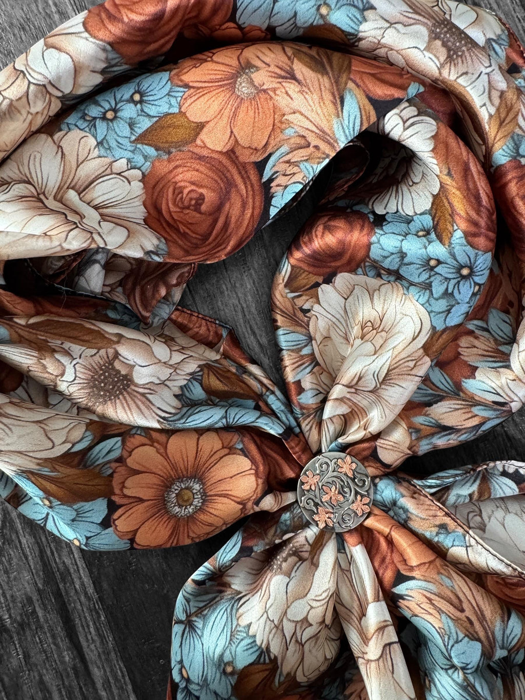 100% Silk Wild Rag Blue, Rust, Ivory, Brown floral by Double B Wild Rags