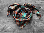 100% Silk Wild Rag Deep Rust Brown and Teal Feathers by Double B Wild Rags