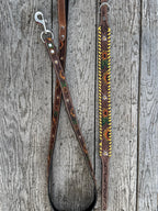 Western Genuine Leather dog collar or leash tooled details of sunflower daisy cactus floral turquoise feather by Double B Wild Rags
