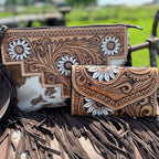 Genuine Western Cowhide Leather Purse or Clutch with white daisy floral painted details a Double B Wild Rags Exclusive